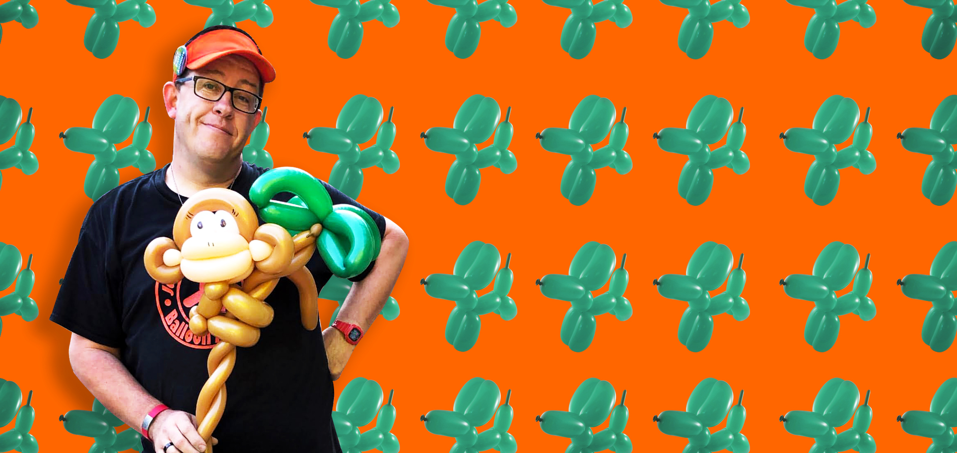 Balloon Twister with balloon dogs in background banner